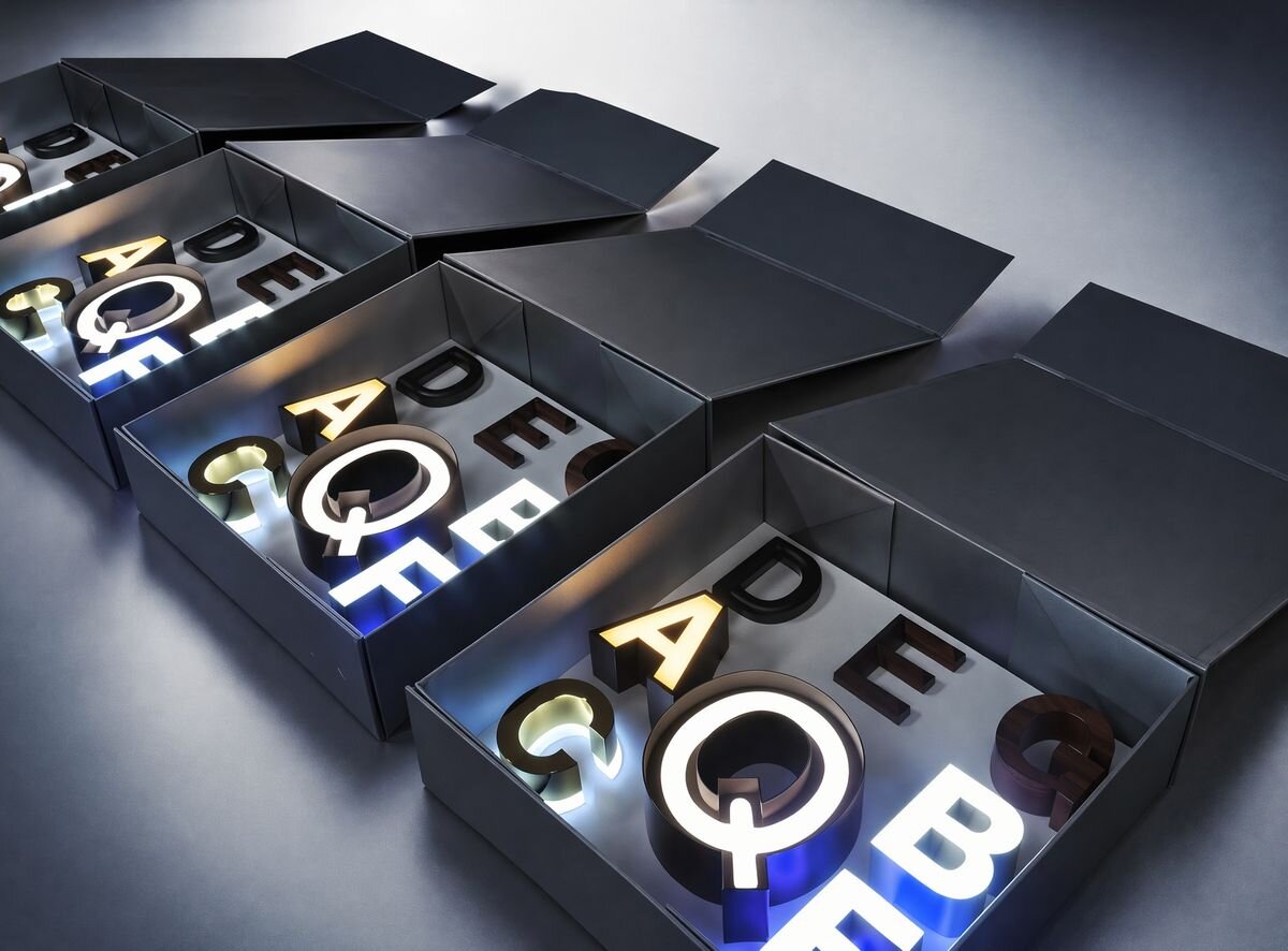 Free custom channel letters sample box with illuminated LED letter samples showing different materials, finishes and light colors
