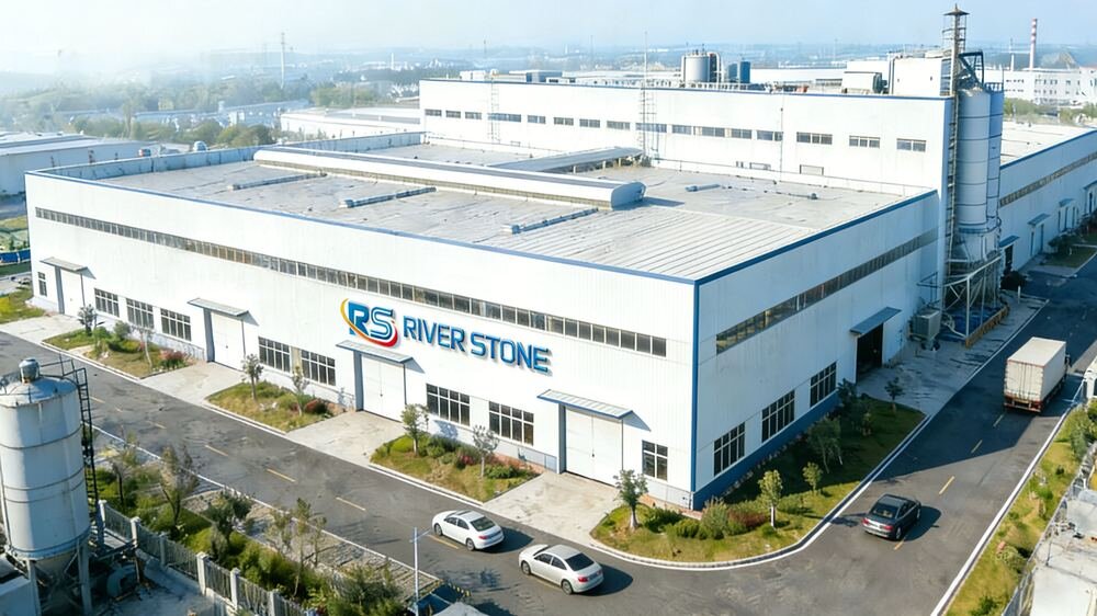 River Stone Signage factory exterior aerial view in China, dual production facilities