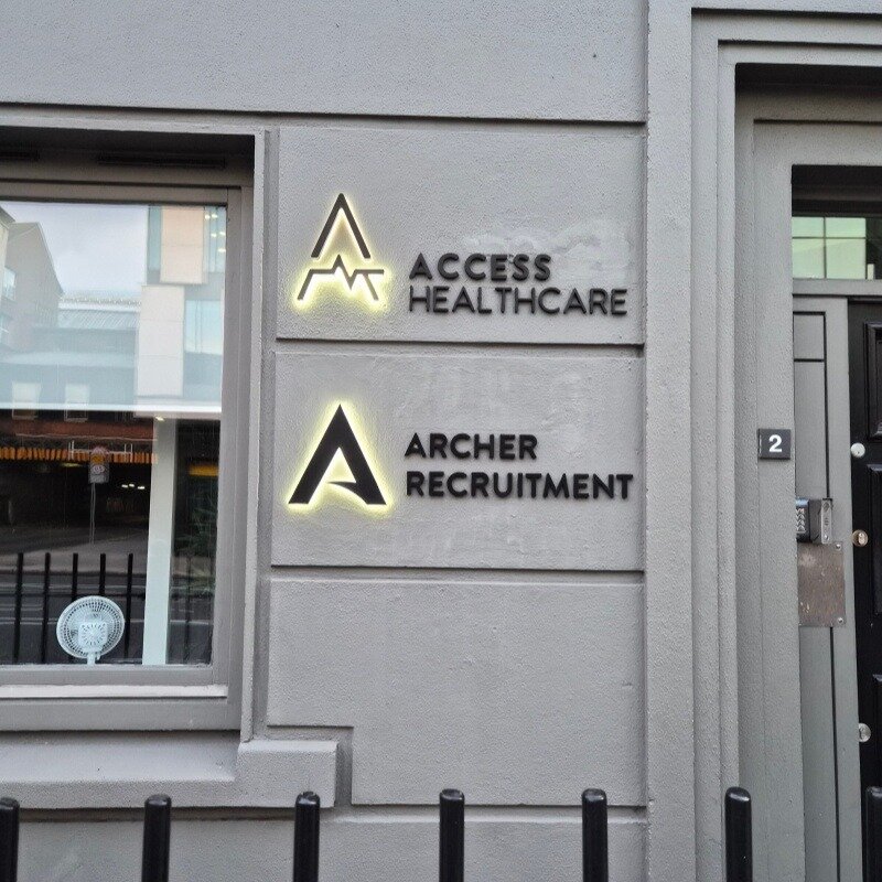 Backlit channel letters on commercial building exterior, UK customer installation